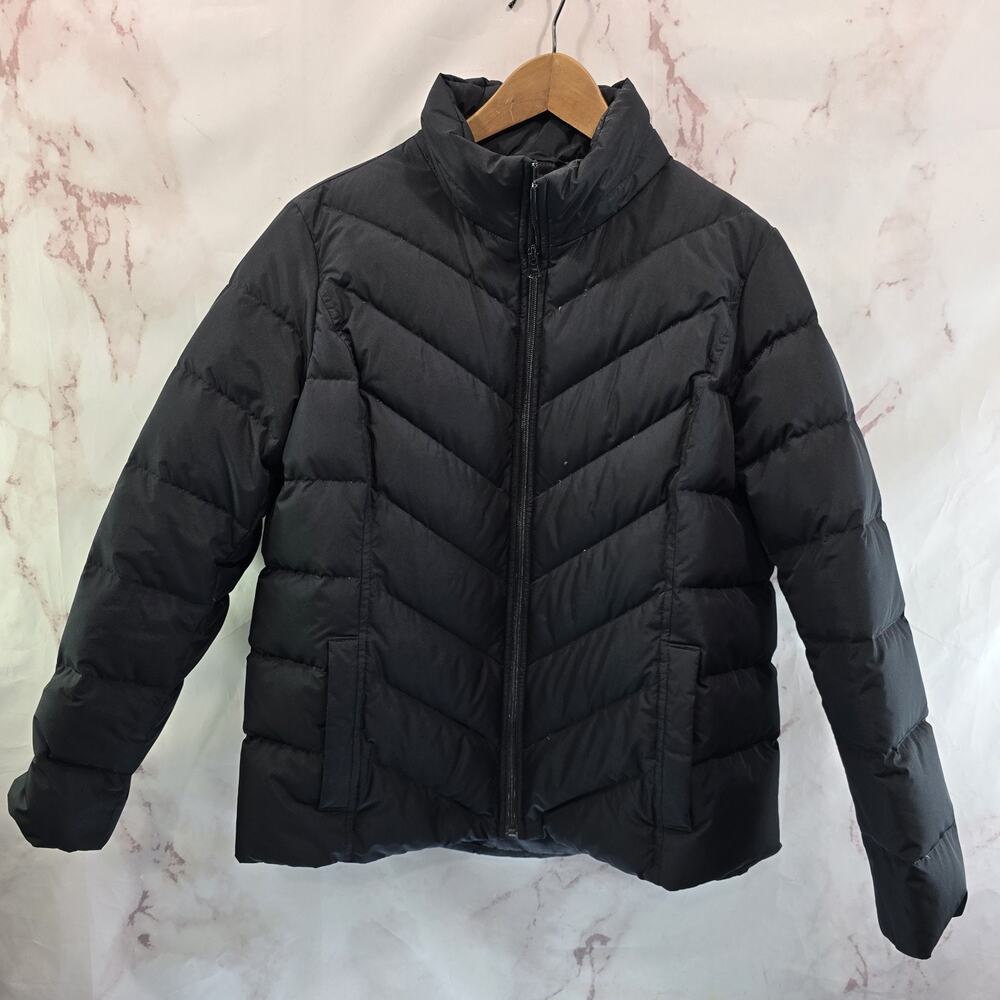 Lands End Down Jacket Womens Large P Black Puffer Coat Zip Puffy FP Power